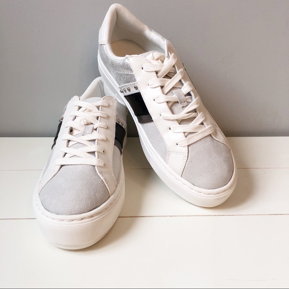 H&M Faux Suede Metallic Studded Platform Sneakers White Grey Silver Black Size 7